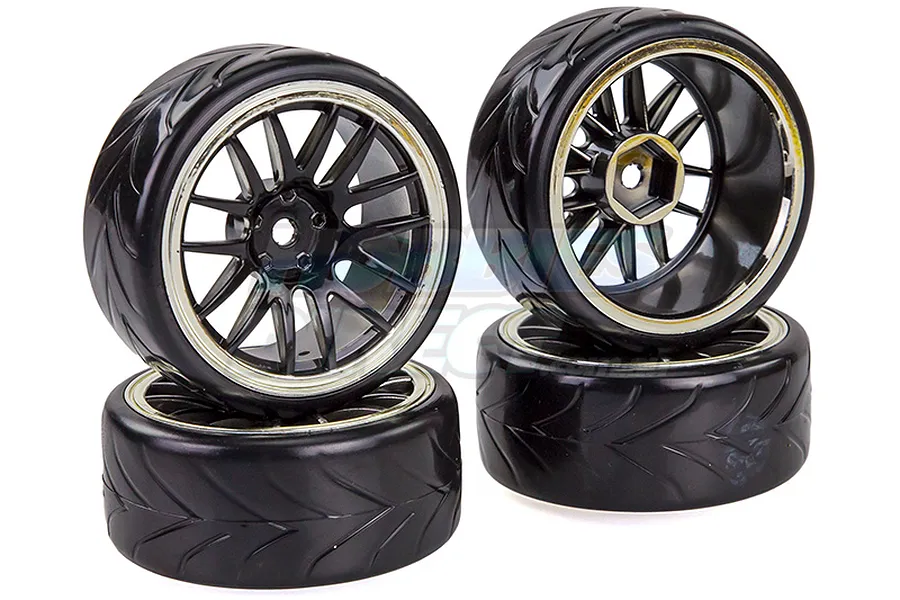 Vision RC 1.9&amp;quot; V-Pattern Drift Tyres on Spoke Black Rims - Glued Wheels 4Pcs image 20594