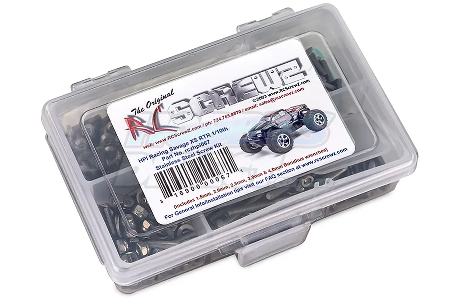 RC Screwz stainless steel screw kit for HPI Savage XS in a clear plastic compartment box.