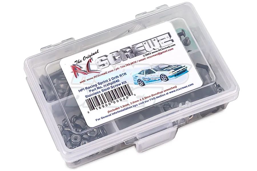 A clear plastic storage box filled with various stainless steel screws for an HPI Sprint 2 Drift RC car, featuring an RC Screwz label on top.