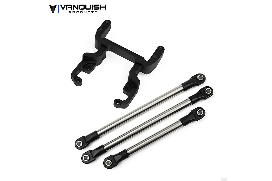 Vanquish Products black aluminium servo mount and three metal suspension links with rod ends on a white background.