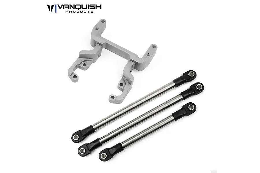 Vanquish Products silver aluminium servo mount and three metal suspension links with black plastic rod ends on a white background.