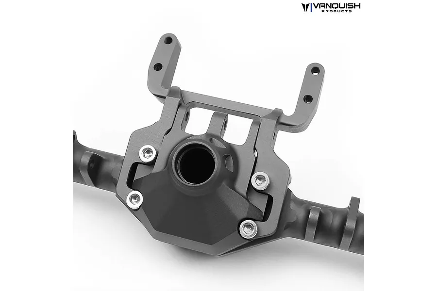A close-up of a grey aluminium servo mount attached to an RC axle housing, featuring the Vanquish Products logo in the top right corner.