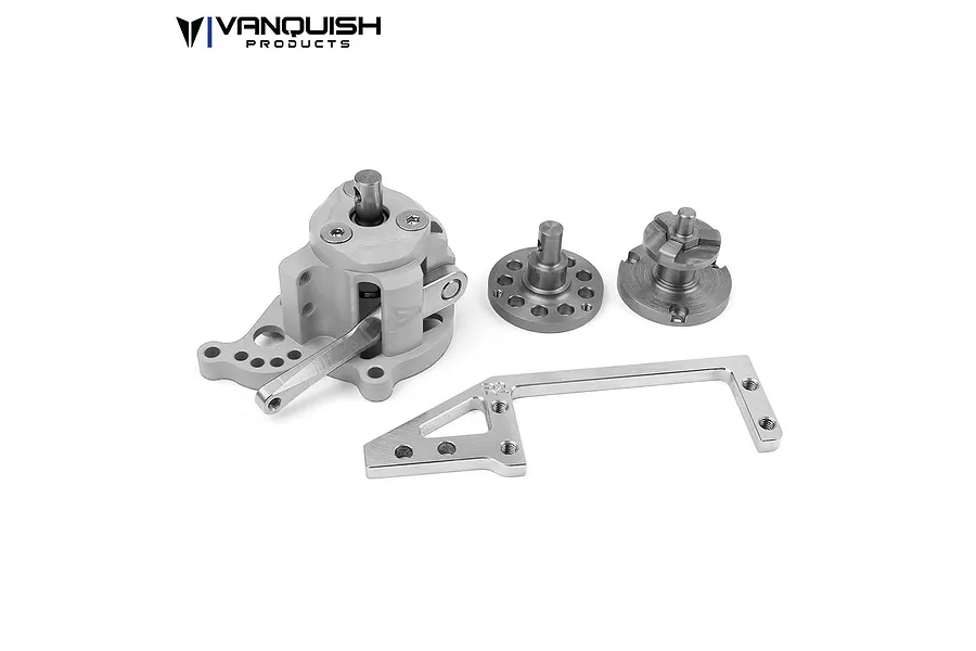A silver aluminium Vanquish Hurtz Atlas Dig V2 case assembly with associated drivetrain components on a white background.