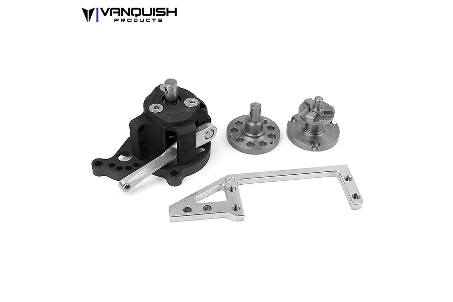 Vanquish Products Hurtz Atlas Dig V2 case components including a black main housing, silver metal linkage, and two silver drive hubs on a white background.
