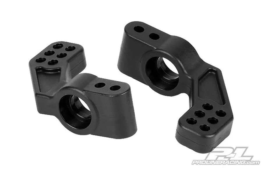 Two black Pro-Line ProTrac rear hub carriers for RC vehicles, shown from an angle against a white background.