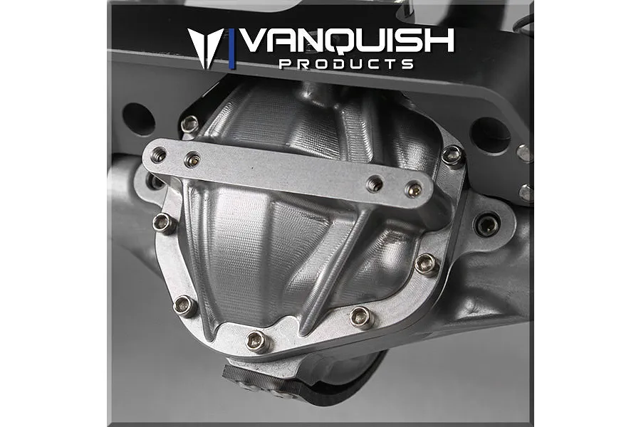 Close-up of a silver machined aluminium Vanquish Products differential cover installed on an RC axle housing.