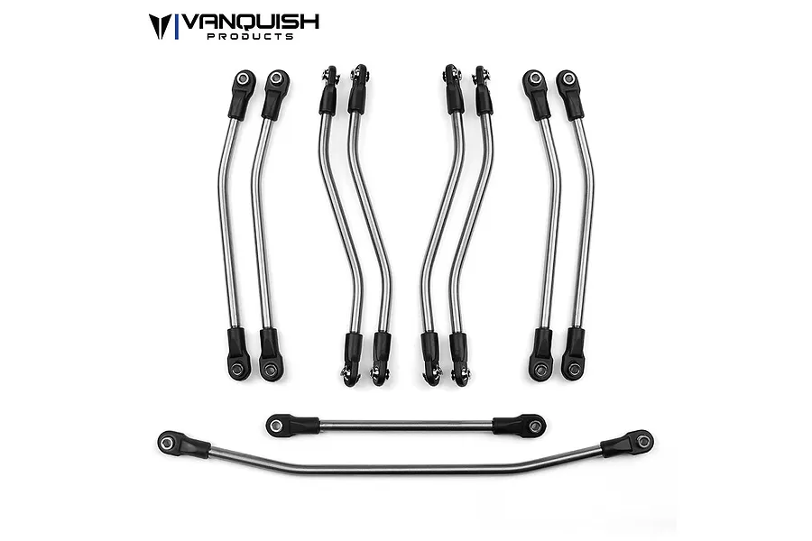 A set of ten Vanquish Products titanium suspension links for an RC crawler, featuring bent and straight rods with black plastic rod ends.