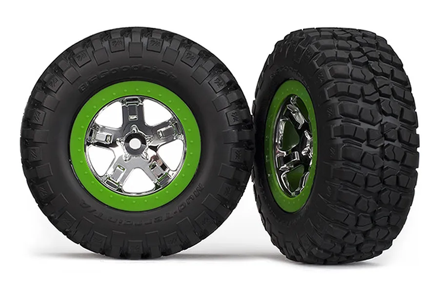 Traxxas 2.2/3.0&amp;quot; BFGoodrich Mud Terrain T/A KM2 Tyres on Chrome/Green Rims - Glued Wheels 2Pcs image 21826