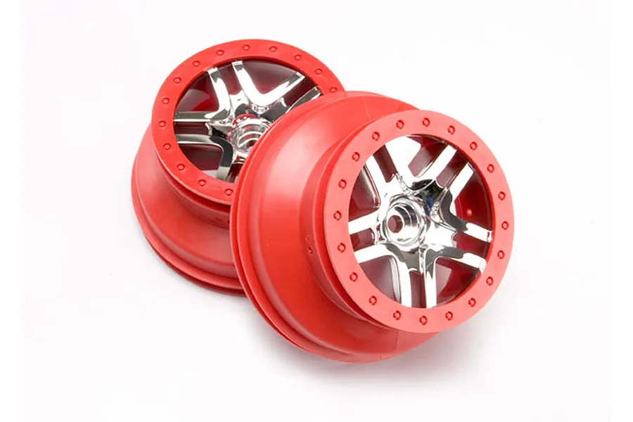 Traxxas 2.2/3.0&amp;quot; SS Split Spoke Chrome/Red Rims 2Pcs image 22461