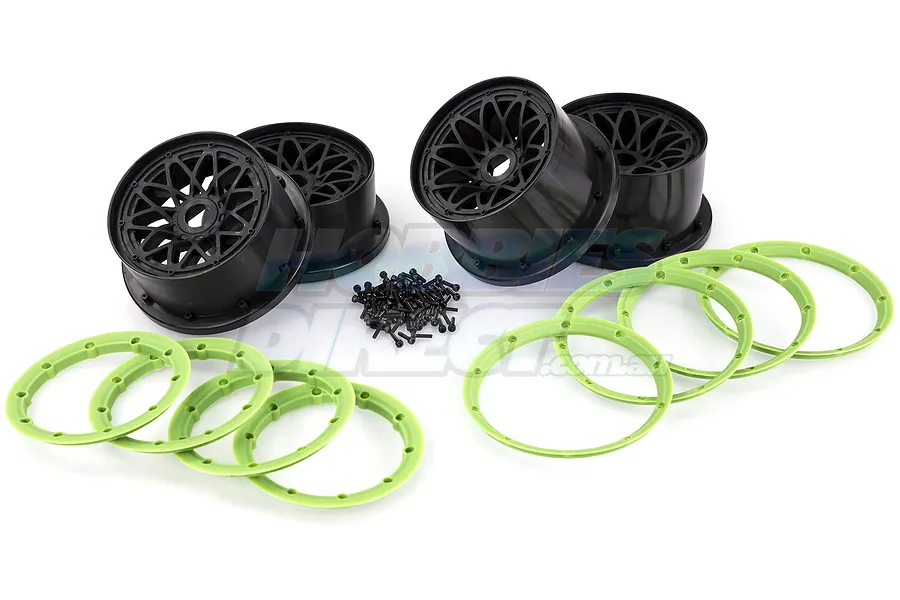 Rovan 4.7/5.5&amp;quot; Baja 5B Black Mesh Rim Set w/ Green Beadlocks image 23639