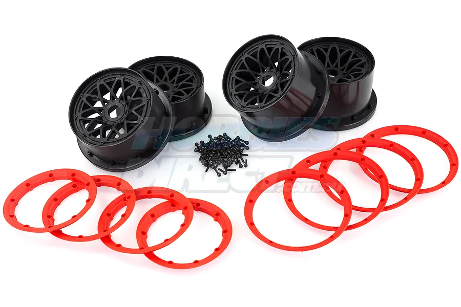 Rovan 4.7/5.5&amp;quot; Baja 5B Black Mesh Rim Set w/ Red Beadlocks image 23641