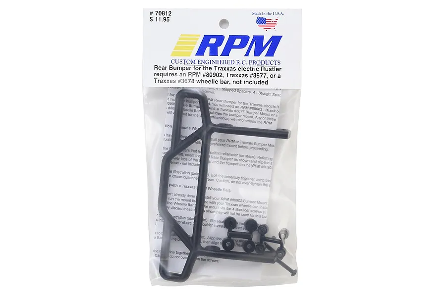 RPM Black Rear Bumper for Traxxas Rustler in original retail packaging with included hardware.
