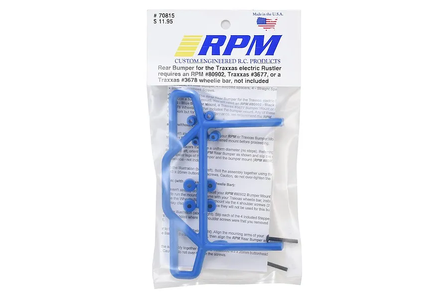 A blue RPM RC rear bumper for a Traxxas Rustler, packaged in a clear plastic bag with an instruction sheet.