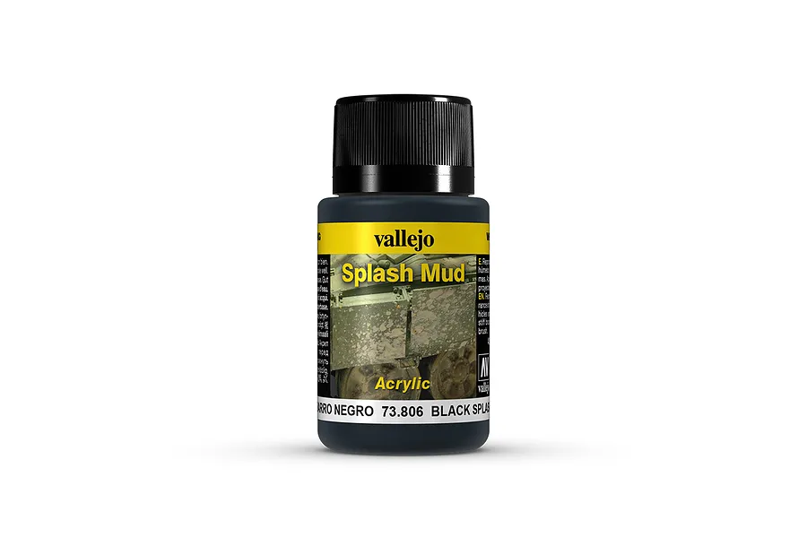A 40ml bottle of Vallejo Splash Black Mud weathering effects paint, featuring a black cap and a yellow and black label with product information.