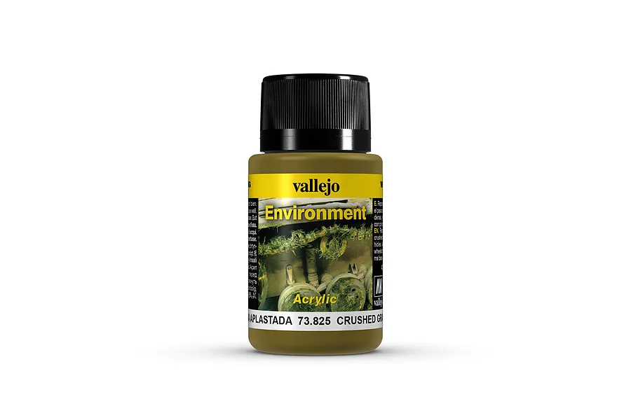 A 40ml bottle of Vallejo Environment Crushed Grass weathering effects paint with a black cap and yellow label.