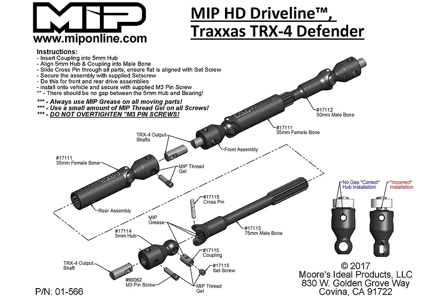 MIP TRX-4 (12.3&amp;quot; Wheelbase) Splined Center CVD Steel Drive Shafts 2Pcs image 23953