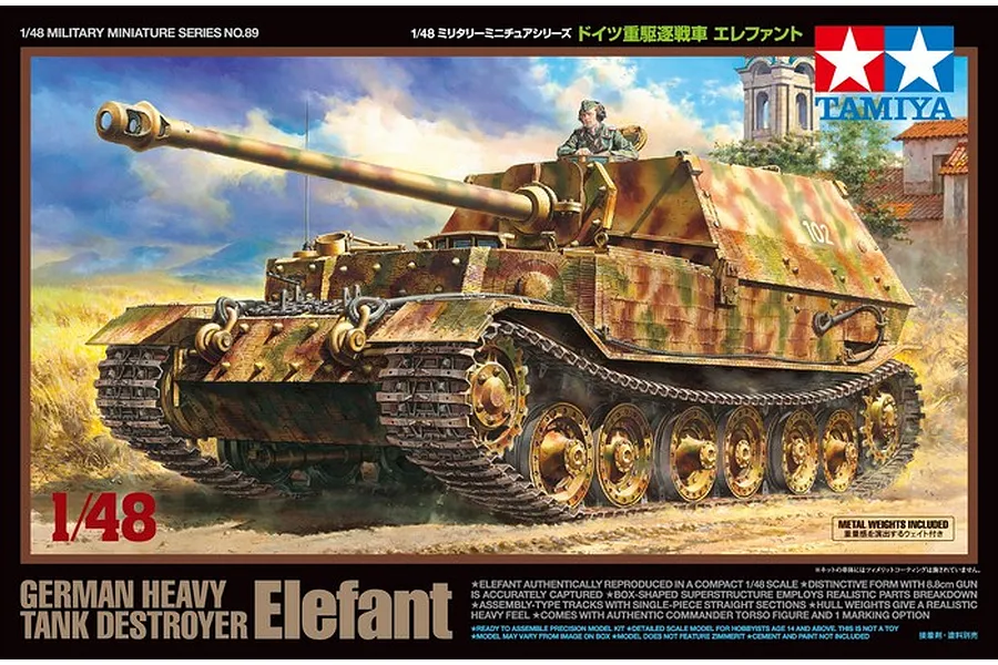 Box art for Tamiya 1/48 scale German Elefant tank destroyer model kit, showing a painted model in a field with a commander figure.