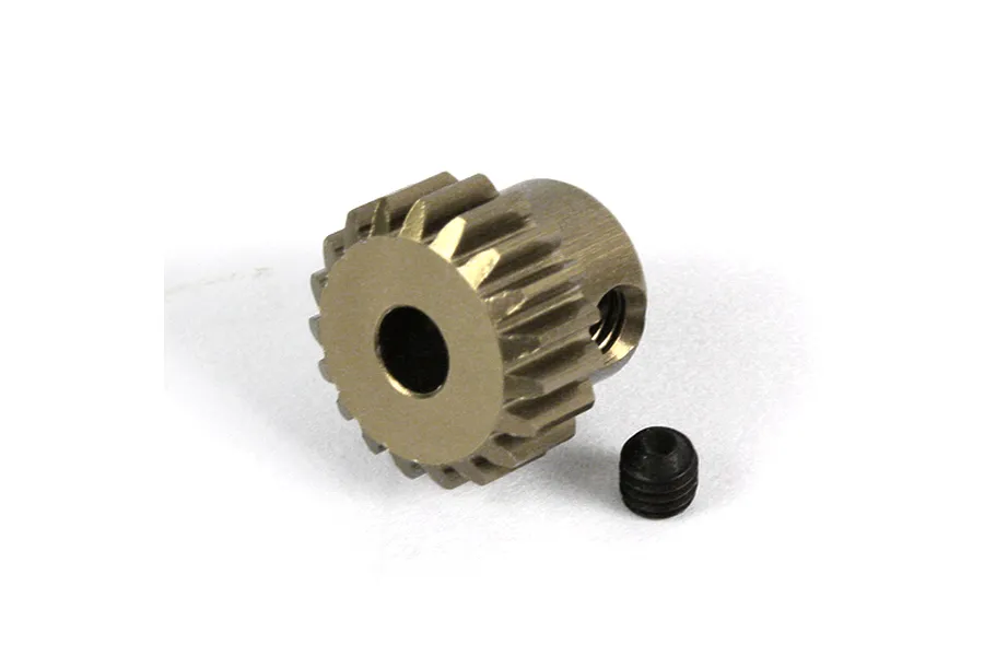 A hard-coated aluminium RC pinion gear with a small black grub screw placed on a white background.