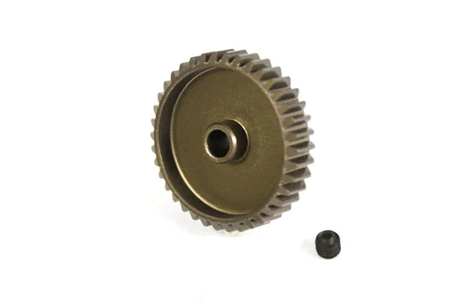 A hard-coated aluminium pinion gear with a small grub screw placed on a white background.