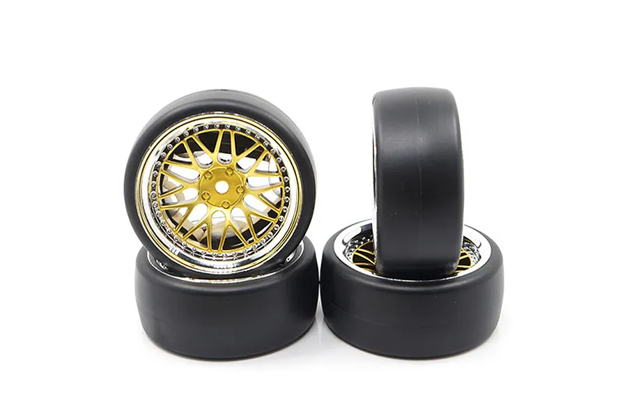 Yeah Racing 1.9&amp;quot; (+6mm Off-Set) Spec D Drift Tyres on Chrome/Gold Mesh Rims - Wheels 4Pcs image 24159