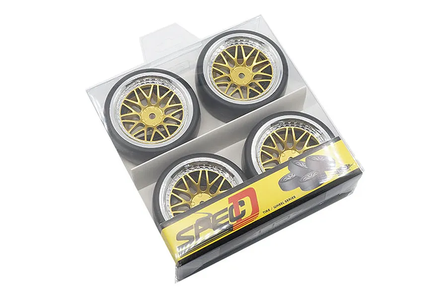 Yeah Racing 1.9&amp;quot; (+6mm Off-Set) Spec D Drift Tyres on Chrome/Gold Mesh Rims - Wheels 4Pcs image 24160