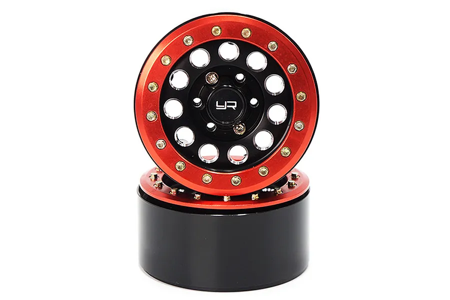 Yeah Racing Black Aluminium 1.9&amp;quot; F-RG Rims 2Pcs w/ Red Beadlocks &amp;amp; Black 12mm Hex Hub image 24201