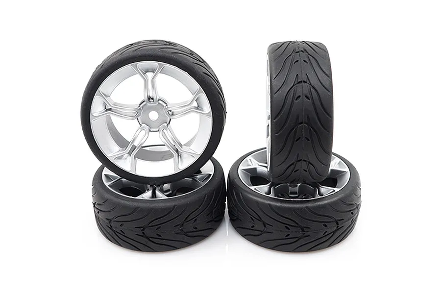 Yeah Racing 1.9&amp;quot; (+3mm Off-Set) Spec T On Road Tyres on Silver MS Rims - Wheels 4Pcs image 24316