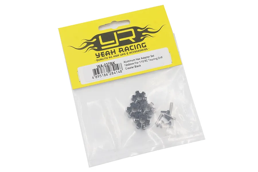 Yeah Racing black aluminium 12mm wheel hex adapters in original yellow and clear plastic packaging.