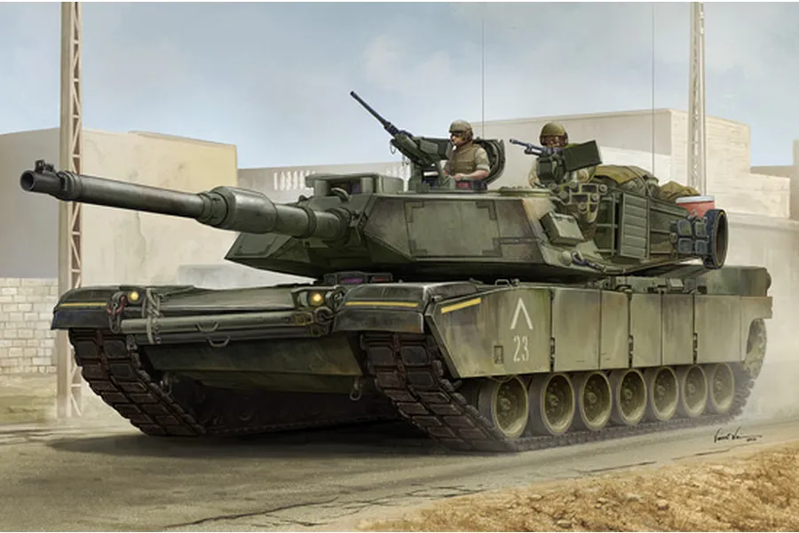An artistic illustration of an M1A1 Abrams main battle tank with two crew members, featuring green camouflage and desert-style background.