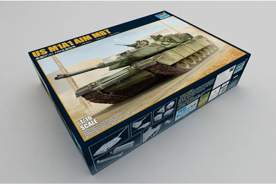 A Trumpeter 1/16 scale US M1A1 AIM Main Battle Tank plastic model kit box, featuring an illustration of the tank in a desert environment.