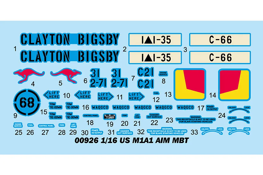A decal sheet for a 1/16 scale M1A1 Abrams tank model, featuring Australian-themed markings, kangaroo icons, and various technical stencils.