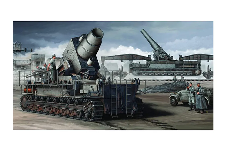 Box art illustration of a German Morser Karl self-propelled siege mortar with soldiers and a railway transport carrier in a field setting.