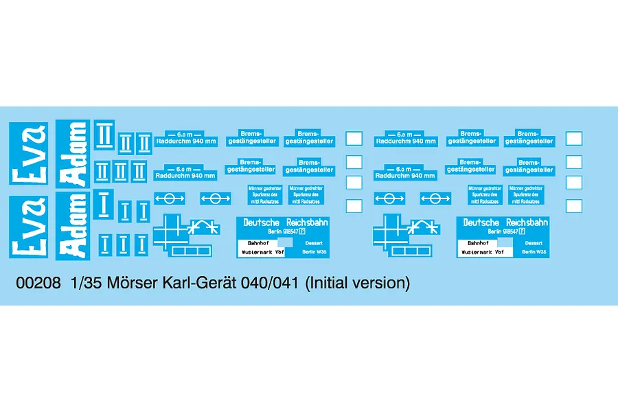 A decal sheet for a 1/35 scale Trumpeter Mörser Karl-Gerät model kit, featuring names Eva and Adam and various German railway technical markings.