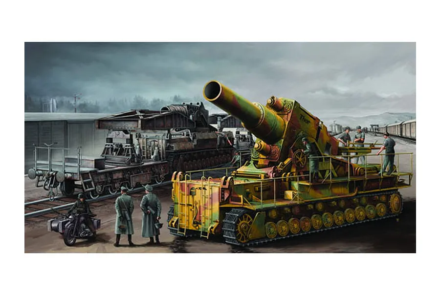 Box art illustration of a German Karl-Gerät self-propelled mortar and railway transport carrier with soldiers in a field setting.