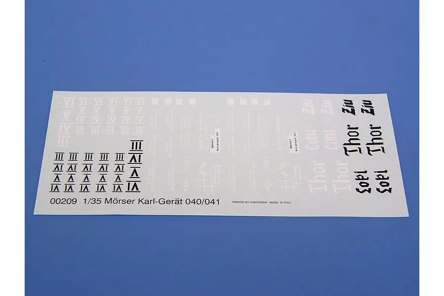 A decal sheet for a 1/35 scale Trumpeter Mörser Karl-Gerät model kit, featuring various markings, names like Thor and Loki, and Roman numerals.