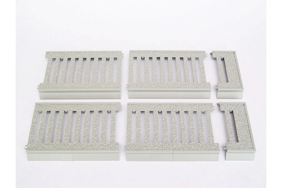 Six grey plastic model kit parts representing railway track or platform sections for a 1/35 scale model.
