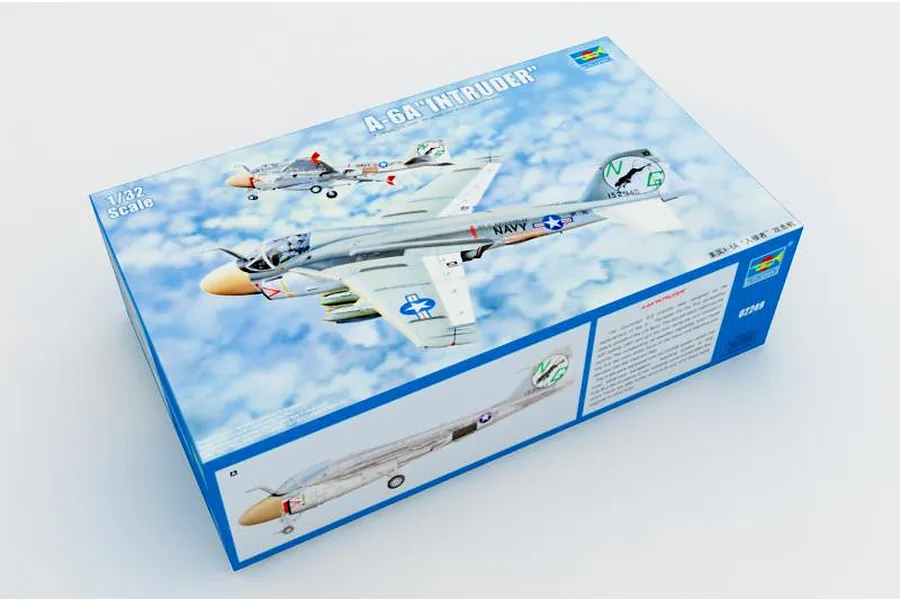 A Trumpeter 1/32 scale A-6A Intruder plastic model kit box, showing illustrations of the aircraft in flight and on the ground against a cloudy sky.