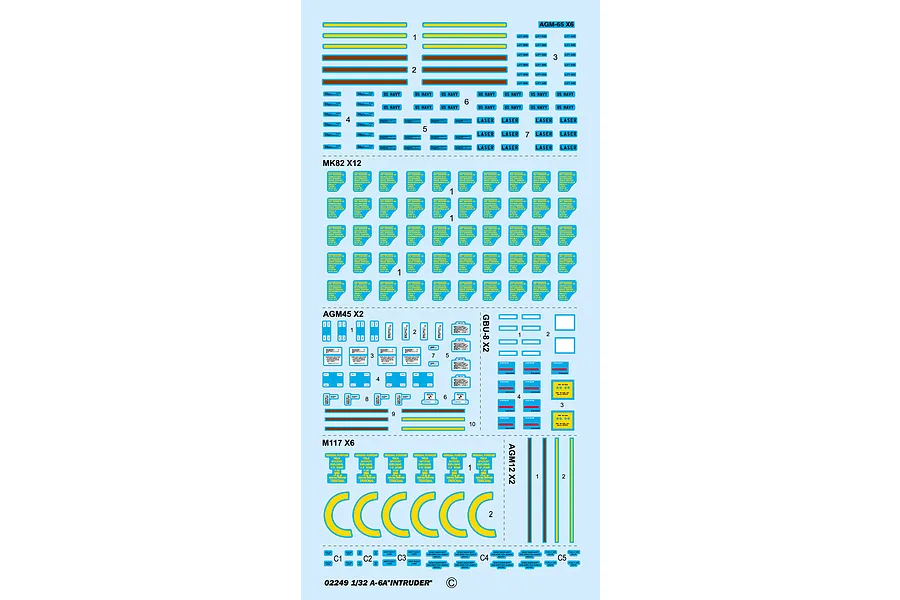 A decal sheet for a 1/32 scale Trumpeter A-6A Intruder model kit, featuring various markings for missiles, bombs, and aircraft components.