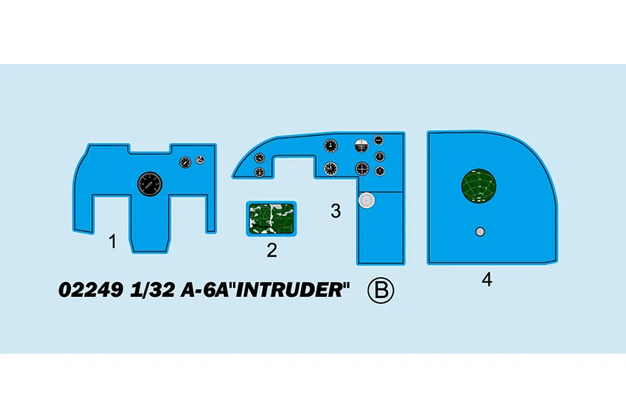 A decal sheet for the Trumpeter 1/32 A-6A Intruder model kit, showing instrument panel layouts and gauges labeled 1 through 4.
