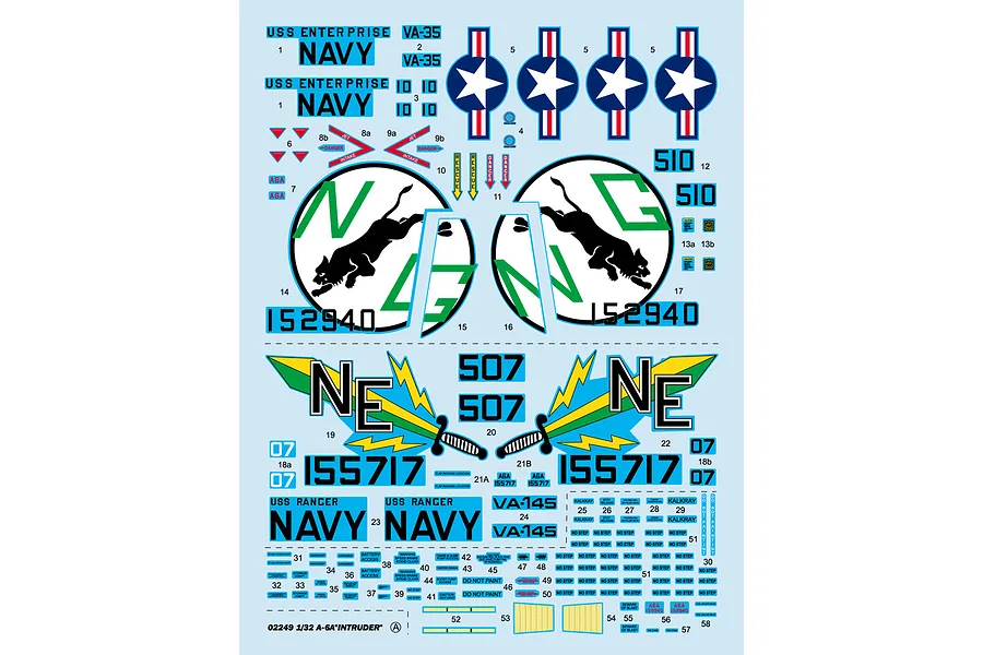 A decal sheet for a 1/32 scale Trumpeter A-6A Intruder model kit, featuring various US Navy markings, squadron logos, and warning stencils.
