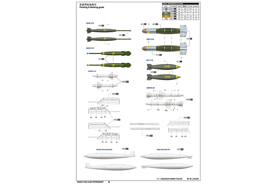 A Trumpeter 1/32 scale A-6A Intruder model kit painting and marking guide showing various missiles, bombs, and fuel tanks with color reference charts.