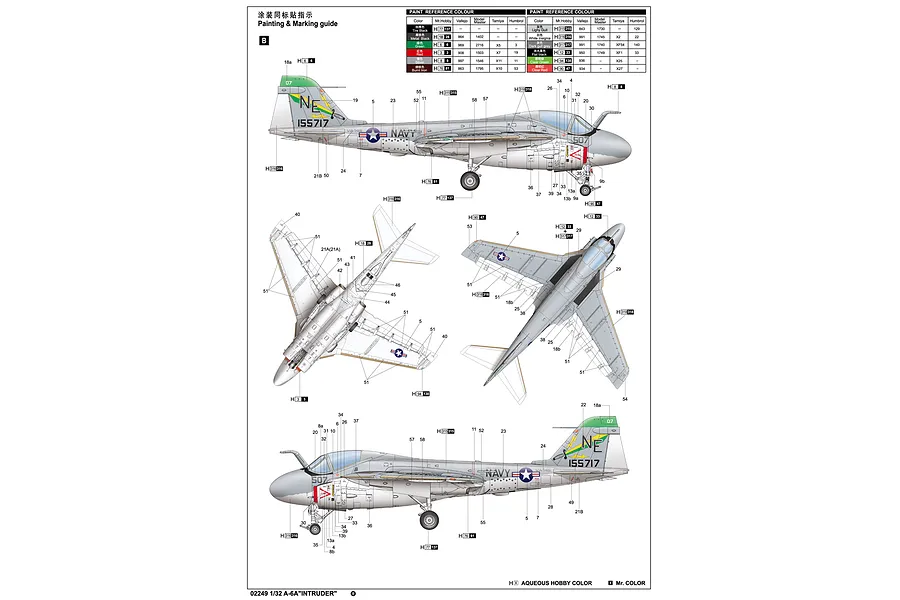 Painting and marking guide for a Trumpeter 1/32 scale A-6A Intruder model kit, showing side and top views with color reference tables.
