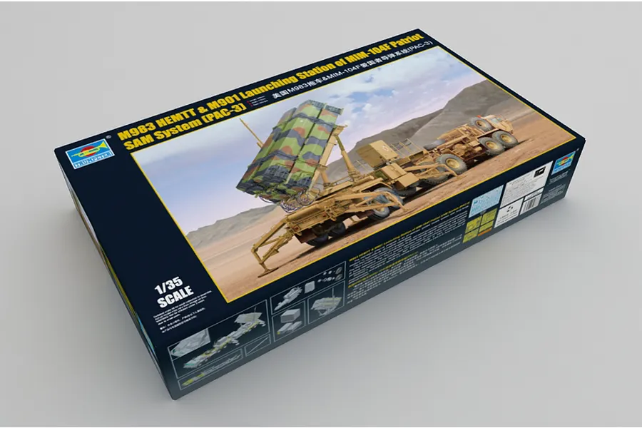 Trumpeter 1/35 scale M983 HEMTT and M901 Patriot SAM System model kit box, featuring artwork of the military vehicle in a desert setting.