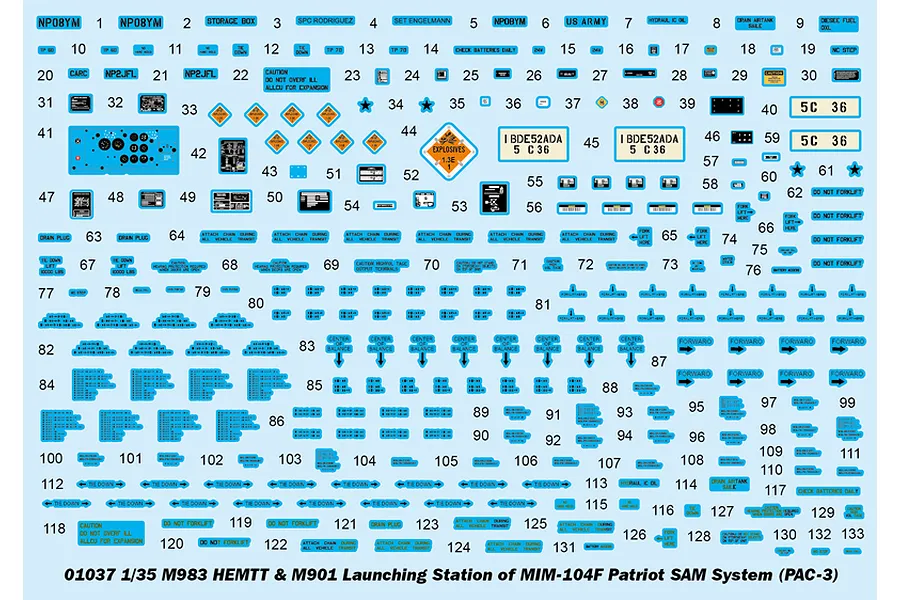 A decal sheet for a 1/35 scale Trumpeter M983 HEMTT and M901 Patriot missile system model kit, featuring numerous numbered military markings and warning labels.
