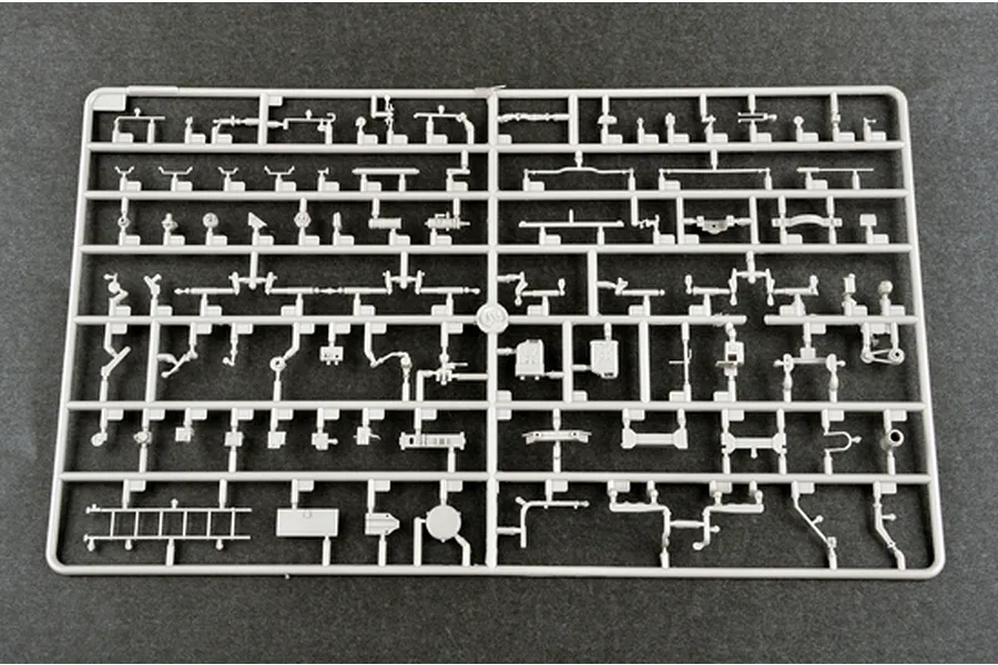 A grey plastic sprue containing various small model parts for the Trumpeter 1/35 M983 HEMTT &amp; M901 Patriot SAM model kit.