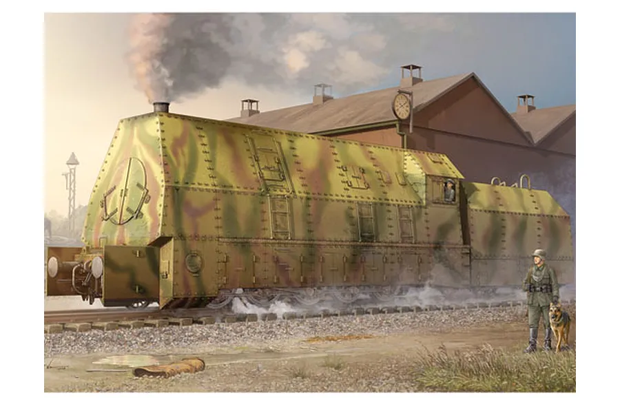 Box art illustration of a German Panzerlok armoured locomotive in camouflage livery on train tracks with a soldier and dog in the foreground.