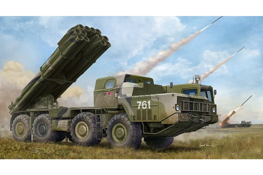 Box art illustration of a Russian 9A52-2 Smerch-M rocket launcher vehicle firing rockets in a field.