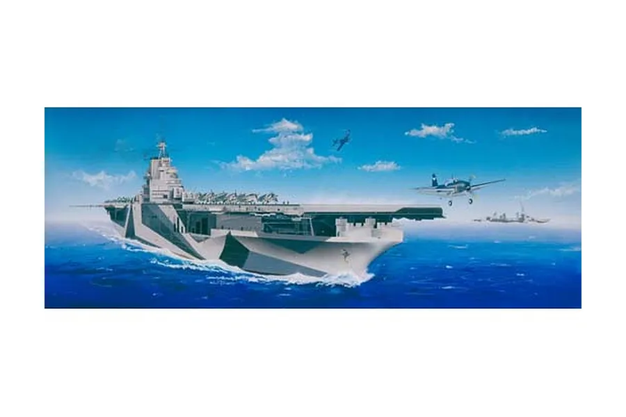 Box art illustration of the USS Ticonderoga CV-14 aircraft carrier at sea with propeller aircraft flying overhead against a blue sky.