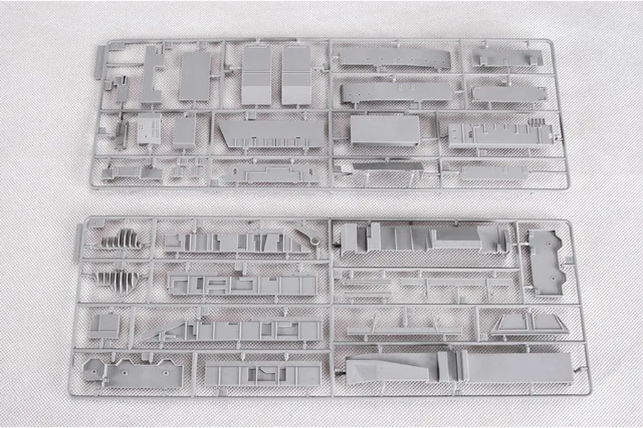 Two grey plastic model kit sprues containing various ship parts for a 1/350 scale model.