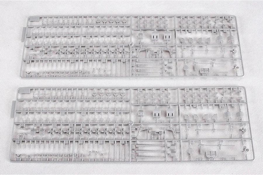 Two identical grey plastic model kit sprues containing various small parts for a 1/350 scale aircraft carrier model.